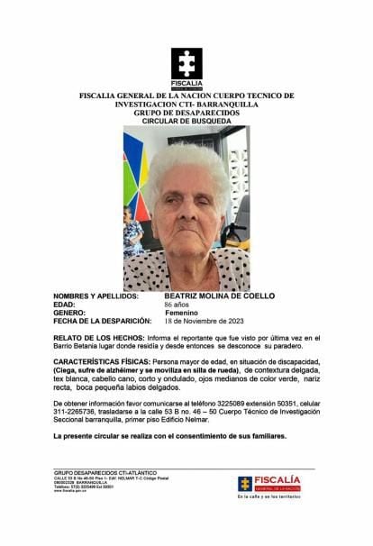 Esta es la denuncia que interpuso la familia por la desaparición de Beatriz Molina de Coello.