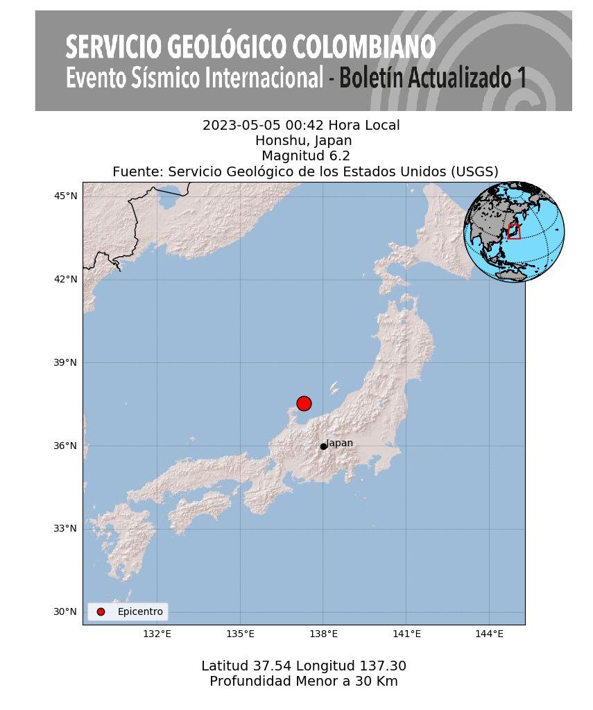 Por su parte, el Servicio Geológico Colombiano, reportó que el sismo en Japón tuvo de magnitud 6,2.