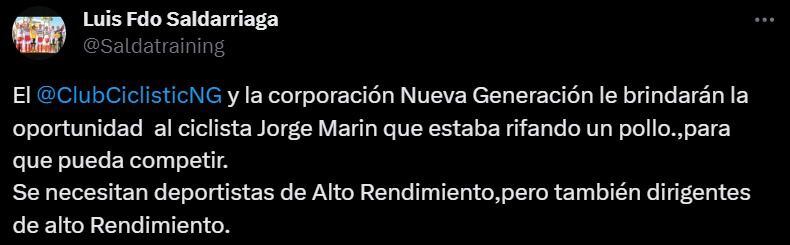 Luis Fernando Saldarriaga anunció apoyo para Marín en redes sociales.