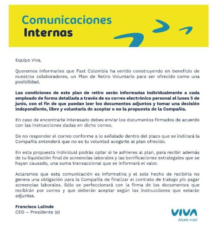 La empresa Viva Air informó del retiro voluntario a sus empleados.