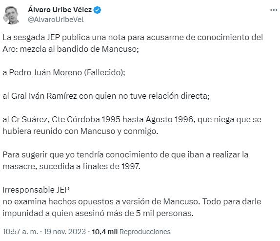 Trino del expresidente Álvaro Uribe Vélez sobre la JEP.
