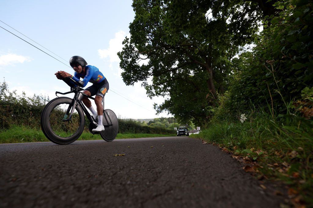 STIRLING, SCOTLAND - AUGUST 11: Walter AlejandroVargas Alzate of Colombia sprints during the Men Elite Individual Time Trial a 47.8km race from Stirling to Stirling at the 96th UCI Cycling World Championships Glasgow 2023, Day 9 / #UCIWT / on August 11, 2023 in Stirling, Scotland. (Photo by Dean Mouhtaropoulos/Getty Images)