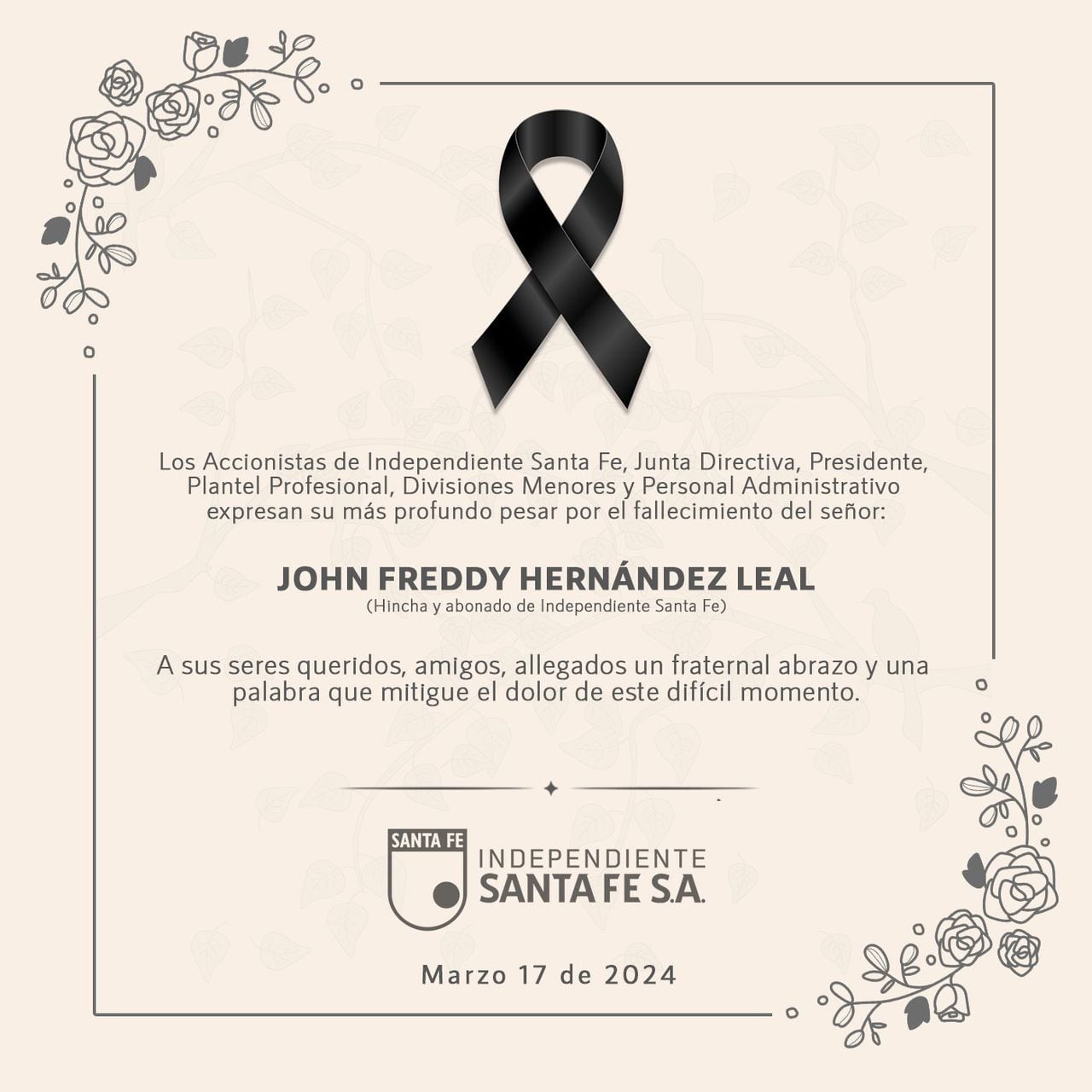 Pronunciamiento oficial de Santa Fe tras la muerte de John Freddy Hernández Leal.
