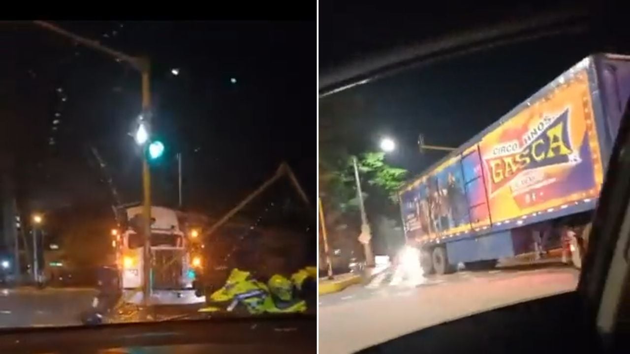 La tractomula del Circo Gasca chocó contra un semáforo y la red eléctrica en Cali.