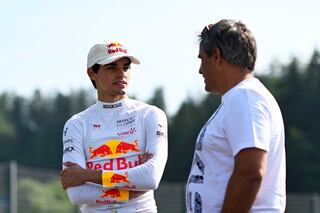 SPIELBERG, AUSTRIA - JUNE 30: Sebastian Montoya of Colombia and Hitech Pulse-Eight (14) talks with Juan Pablo Montoya in the Paddock during practice ahead of Round 6:Spielberg of the Formula 3 Championship at Red Bull Ring on June 30, 2023 in Spielberg, Austria. (Photo by Rudy Carezzevoli - Formula 1/Formula Motorsport Limited via Getty Images)