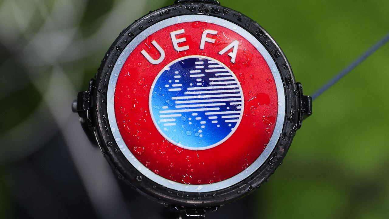 NEWCASTLE UPON TYNE, ENGLAND - DECEMBER 13: The UEFA 
logo is seen prior to the UEFA Champions League match between Newcastle United FC and AC Milan at St. James Park on December 13, 2023 in Newcastle upon Tyne, England. (Photo by James Gill - Danehouse/Getty Images)