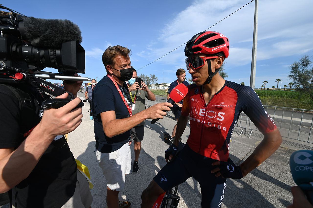 BURRIANA, SPAIN - AUGUST 30: Egan Bernal of Colombia and Team INEOS Grenadiers meets the media press after the 78th Tour of Spain 2023, Stage 5 a 184.6km stage from Burriana to Burriana / #UCIWT / on August 30, 2023 in Morella, Spain. (Photo by Tim de Waele/Getty Images)