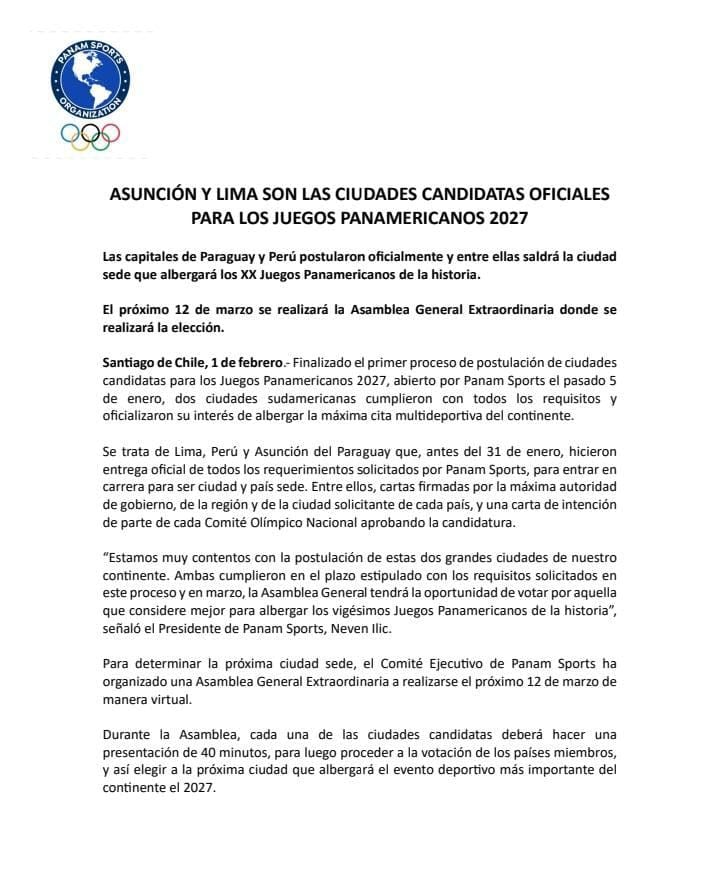 Carta de Panam Sports en la que anuncia que Asunción y Lima son las ciudades candidatas para ser sede de los Juegos Panamericanos 2027