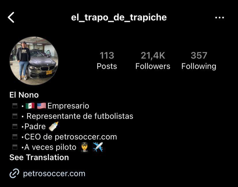 Perfil de Instagram del señor Gersson Nahel Solano, CEO de Preto Soccer, empresa que compraría el nombre del estadio Deportivo Cali. Foto: captura Instagram.