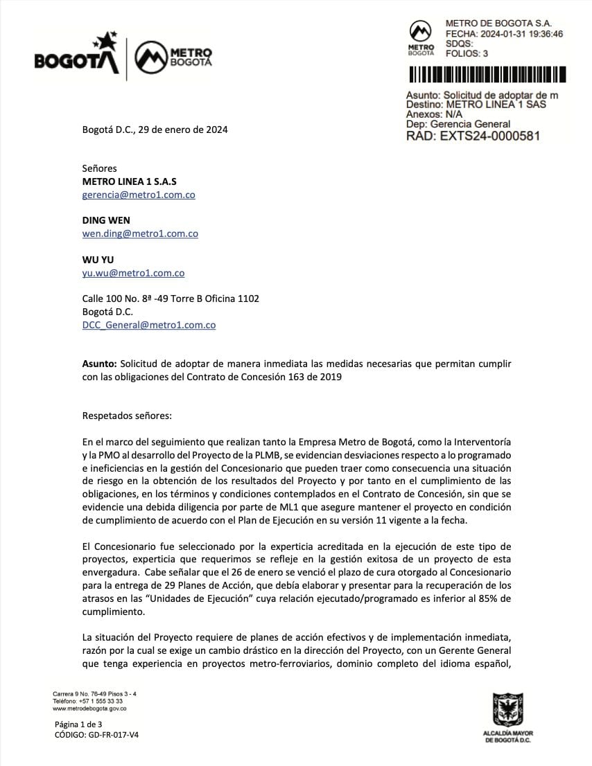 Carta del gerente del Metro de Bogotá al concesionario chino.