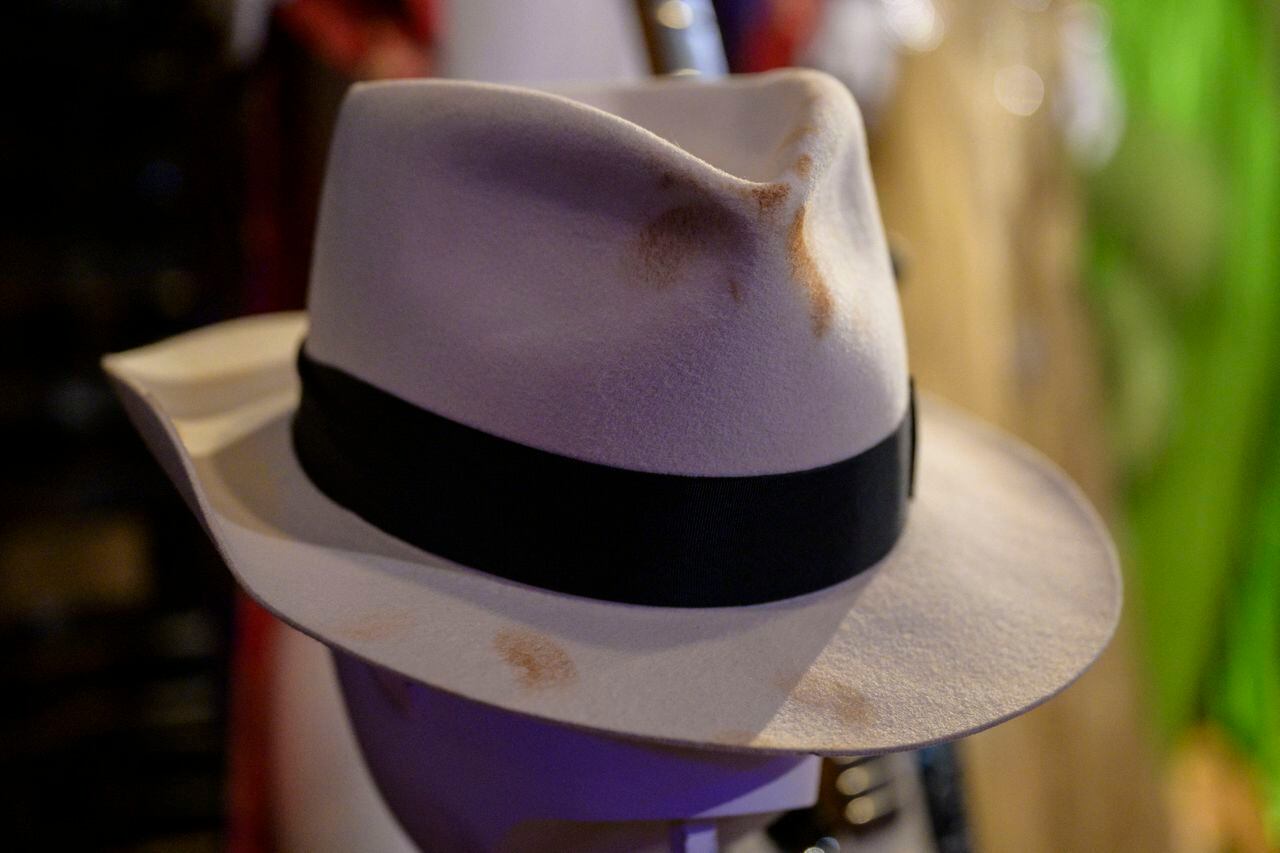 Michael Jackson's "Smooth Criminal" History Tour rehearsal hat is displayed during Julien's Auctions press preview ahead of the public exhibition and auction: "Music Icons" at Hard Rock New York on May 15, 2023. The auction will feature over 1,200 pieces of rock and roll history including instruments, artifacts, and memorabilia used by some of the world's greatest music artists. (Photo by ANGELA WEISS / AFP)