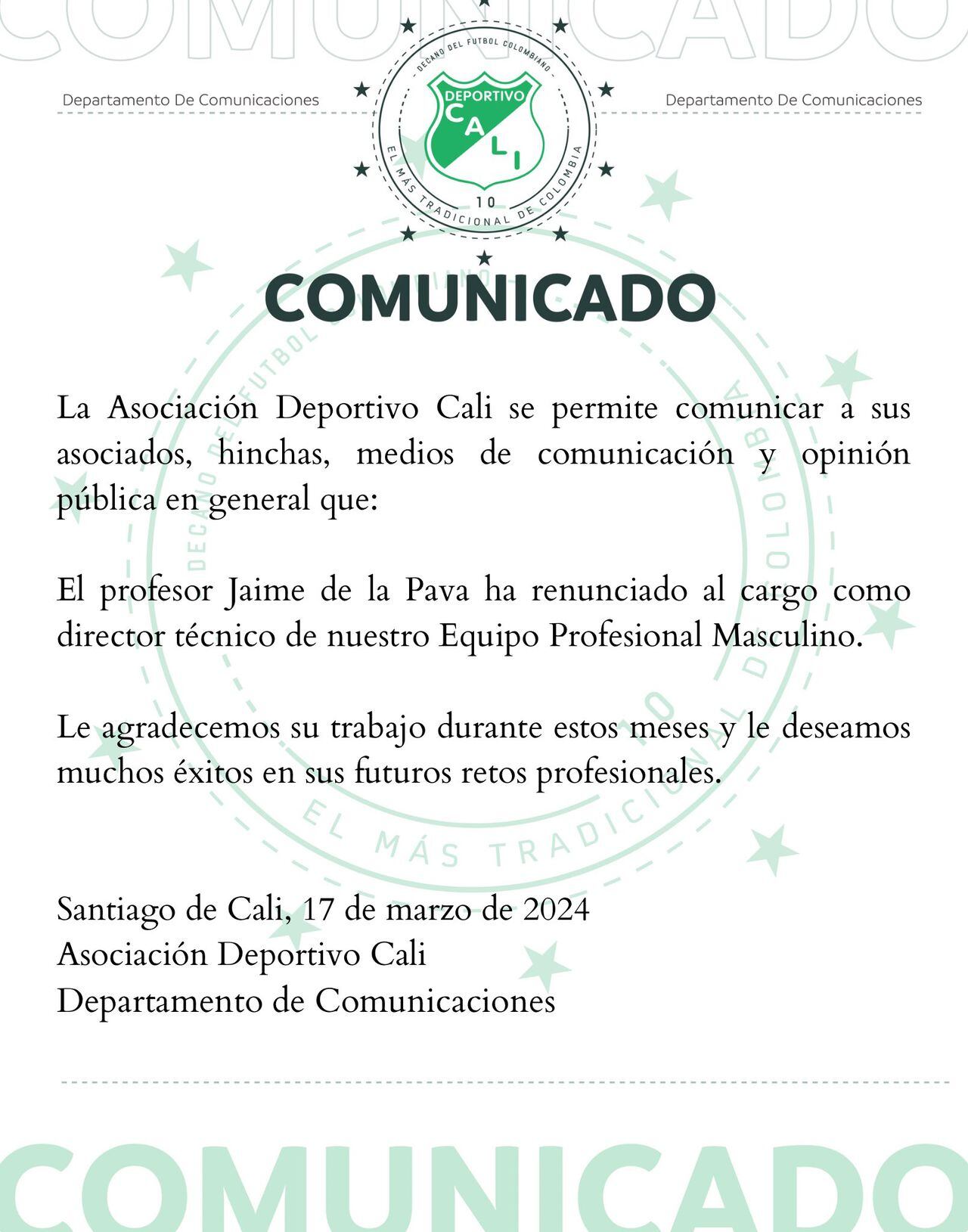 Comunicado oficial del Deportivo Cali anunciando la salida de Jaime de la Pava.