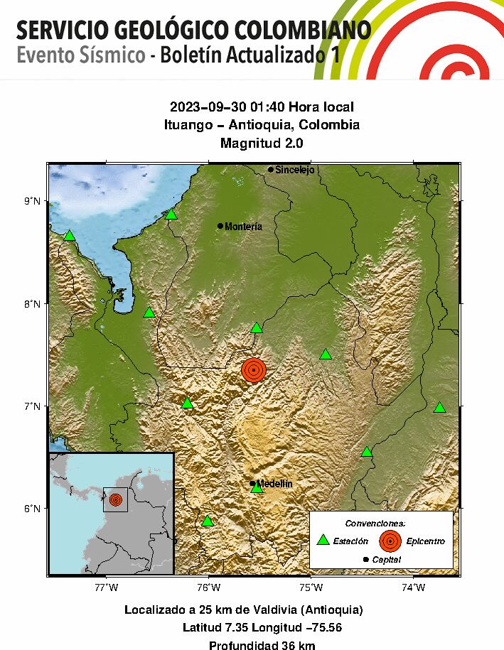 El primer temblor reportado por el Servicio Geológico Colombiano quedó registrado en Ituango, Antioquia.