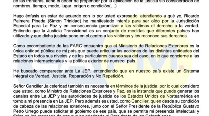 Carta de 'Simón Trinidad', exjefe guerrillero de las FARC.