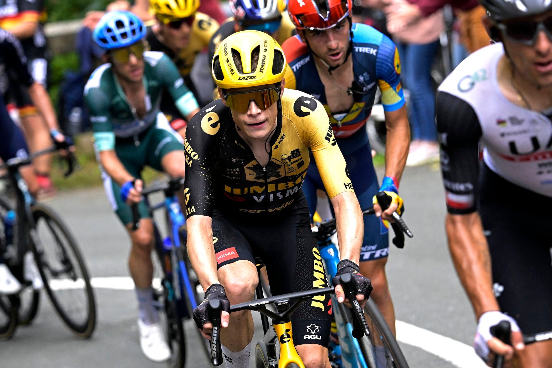 SAN SÉBASTIÁN, SPAIN - JULY 02: Jonas Vingegaard of Denmark and Team Jumbo-Visma competes during the stage two of the 110th Tour de France 2023 a 208.9km stage from Vitoria-Gasteiz to San Sébastián / #UCIWT / on July 02, 2023 in San Sébastián, Spain. (Photo by Bernard Papon - Pool/Getty Images)
