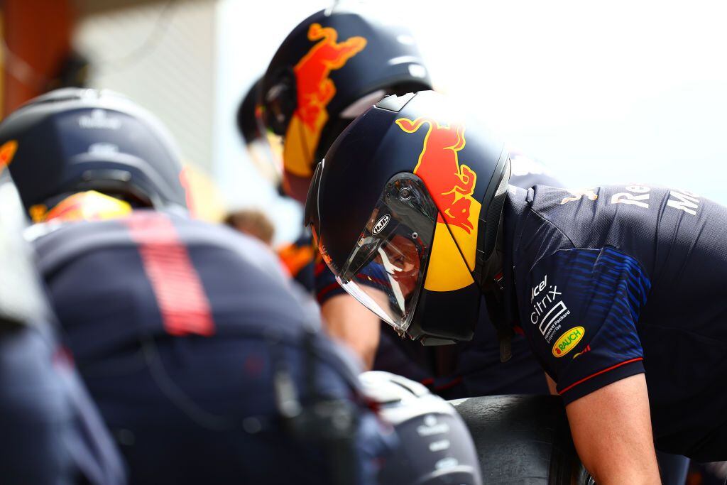 SPA, BELGIUM - JULY 30: The Red Bull Racing team practice pitstops prior to the F1 Grand Prix of Belgium at Circuit de Spa-Francorchamps on July 30, 2023 in Spa, Belgium. (Photo by Mark Thompson/Getty Images)