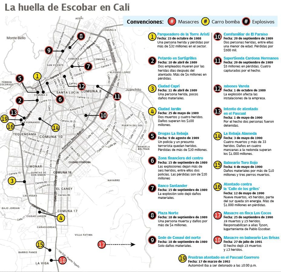 El mapa de los atentados de Escobar en Cali.