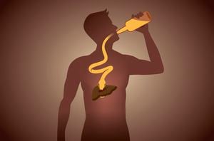 Snake out of alcohol bottle into body to attack liver while people drinking. Illustration about health care.