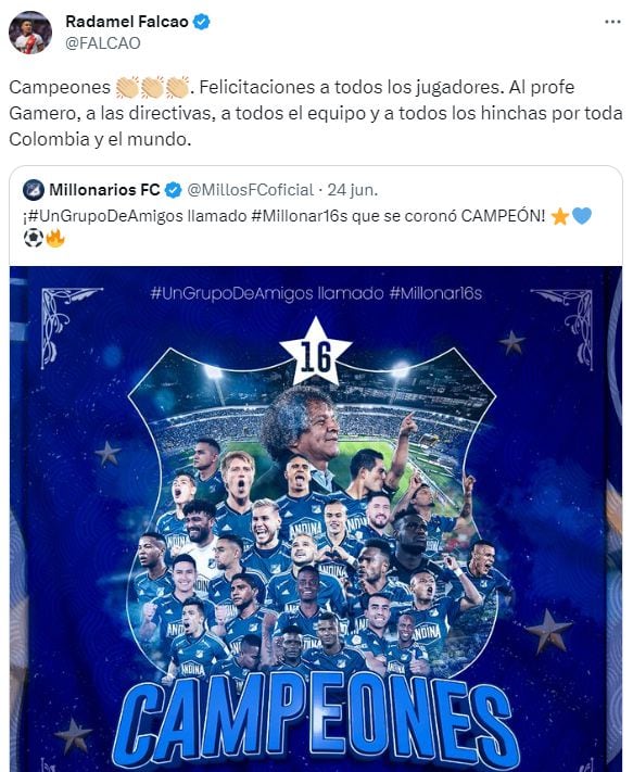 Radamel Falcao celebró la victoria de Millonarios y lo expresó a través de su Twitter