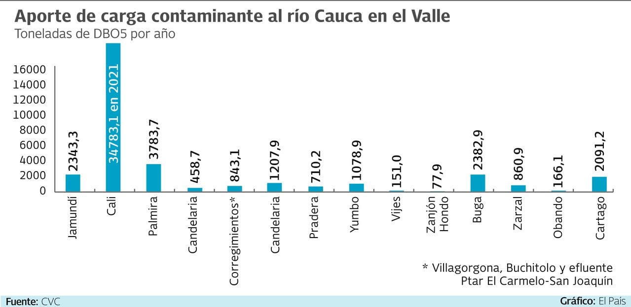 Cali es, por una brecha abismal, la ciudad en el Valle que más afectación le produce al río Cauca. Cerca del 50 % de toda la contaminación.