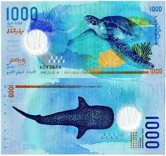 El billete refleja la gran biodiversidad de los océanos de la República de Maldivas.