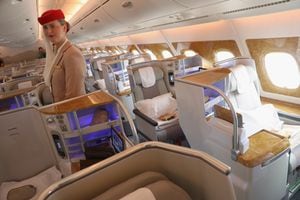 SCHOENEFELD, GERMANY - JUNE 01:  A stewardess waits to welcome visitors in the business class section on board an Emirates A380 passenger plane at the ILA 2016 Berlin Air Show on June 1, 2016 in Schoenefeld, Germany. The ILA 2016 will be open to visitors from June 1-4.  (Photo by Sean Gallup/Getty Images)