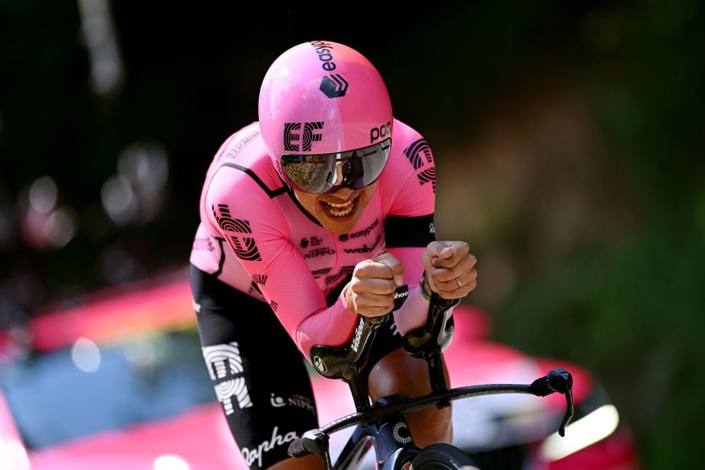 BELMONT-DE-LA-LOIRE, FRANCE - JUNE 07: Esteban Chaves of Colombia and Team EF Education-EasyPost sprints during the 75th Criterium du Dauphine 2023, Stage 4 individual time trial from Cours to Belmont-de-la-Loire 482m / #UCIWT / on June 07, 2023 in Belmont-de-la-Loire, France. (Photo by Dario Belingheri/Getty Images)