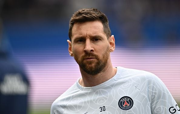PARIS, FRANCE - APRIL 30: Lionel Messi of PSG during the Ligue 1 match between Paris Saint-Germain and FC Lorient at Parc des Princes on April 30, 2023 in Paris, France. (Photo by Sebastian Frej/MB Media/Getty Images)