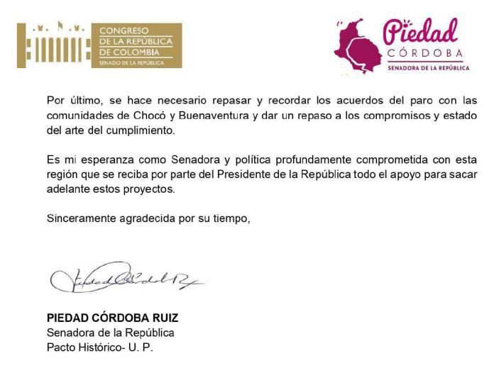 La carta póstuma de Piedad Córdoba al presidente sobre el Chocó