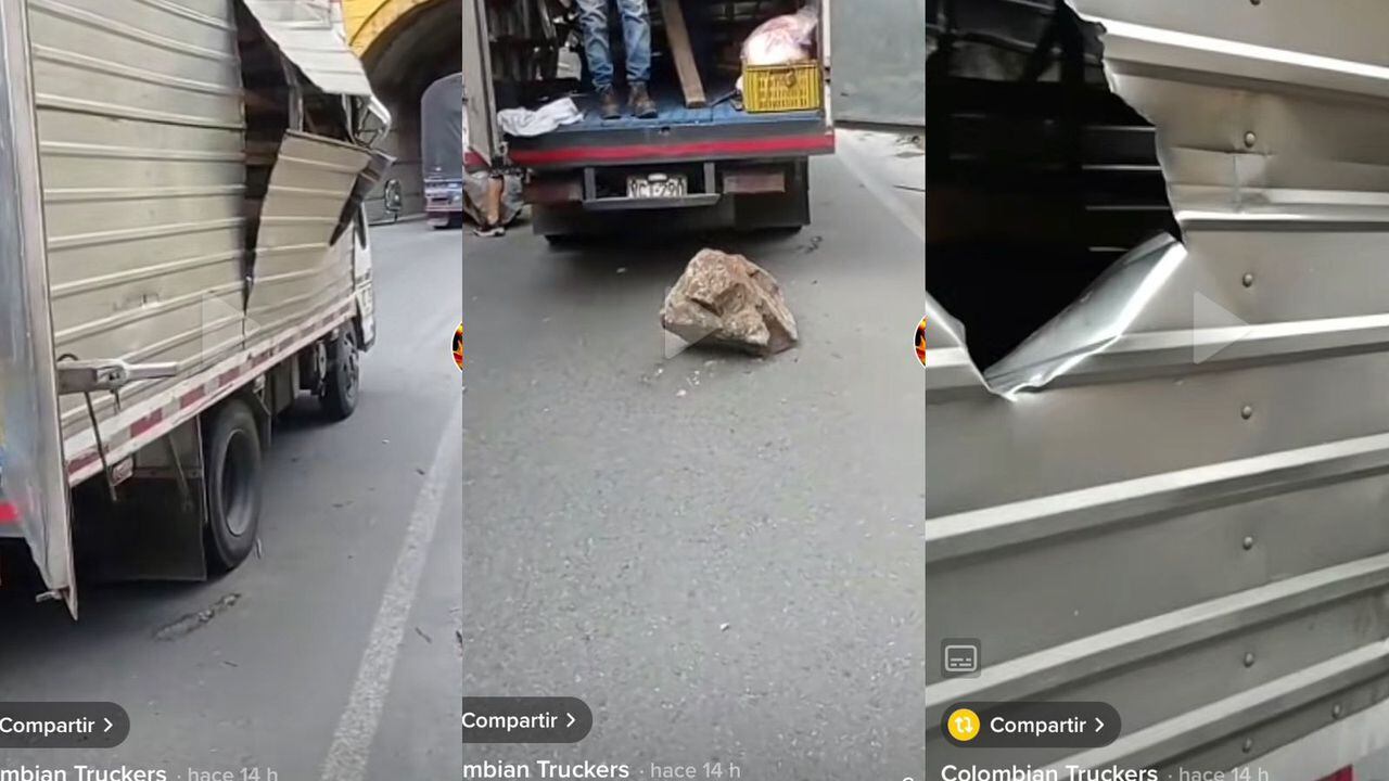 Una roca de gran tamaño atravesó un camión en la vía a Buenaventura y golpeó a una tractomula. Foto: Fragmento video en Tiktok Colombian Truckers
