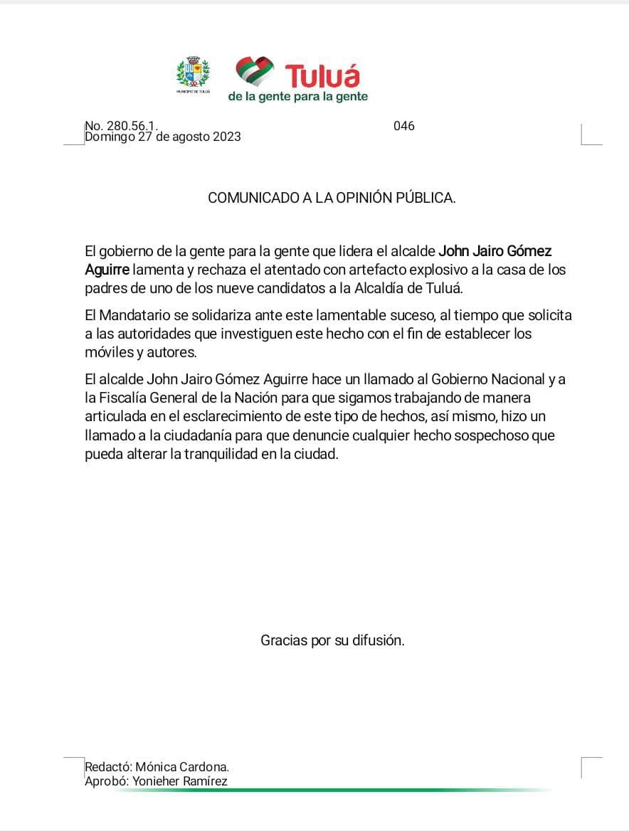 Este es el comunicado de la Alcaldía de Tuluá con el que se refirió al atentado que sufrieron los familiares de uno de los candidatos a ser alcalde del territorio.