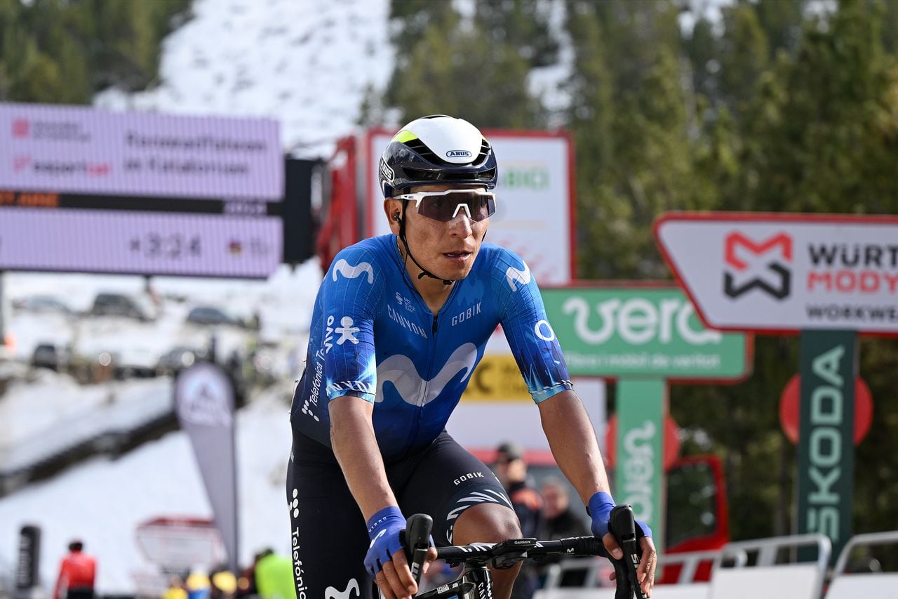 PORT AINE, SPAIN - MARCH 20: Nairo Quintana of Colombia and Movistar Team crosses the finish line during the 103rd Volta Ciclista a Catalunya 2024, Stage 3 a 176.7km stage from Sant Joan de les Abadesses to Port Aine 1967m / #UCIWT / on March 20, 2024 in Port Aine, Spain. (Photo by David Ramos/Getty Images)