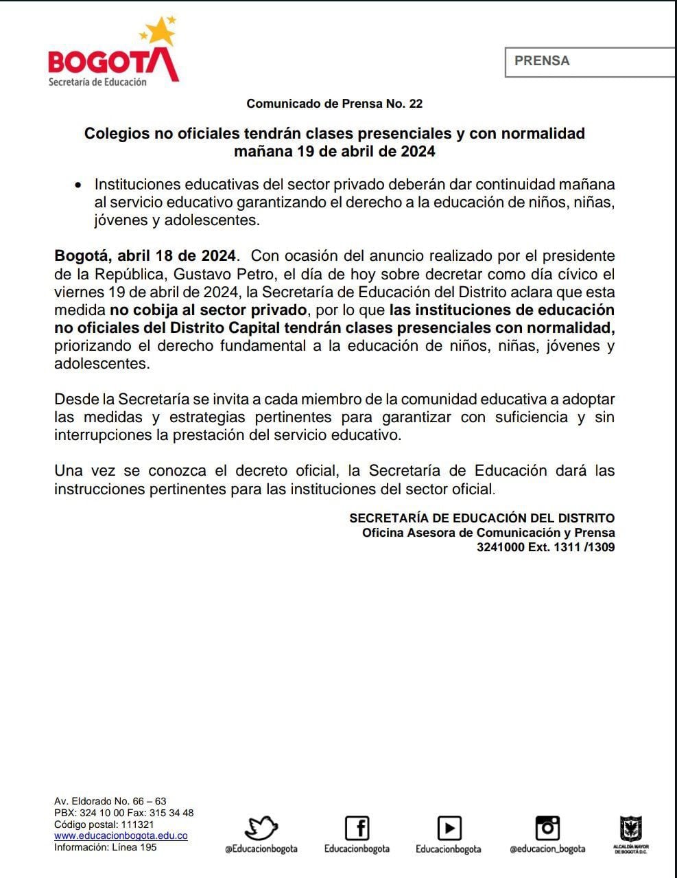 Los colegios privados de Bogotá sí tendrán clases este viernes 19 de abril, decretado día cívico.
