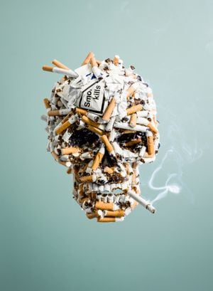 three dimensional Skull constructed from cigarettes, smoking a cigarette.