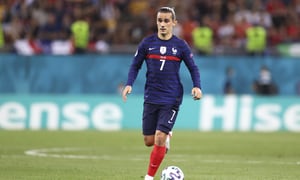 France's Antoine Griezmann runs with the ball during the Euro 2020 soccer championship round of 16 match between France and Switzerland at the National Arena stadium, in Bucharest, Romania, Monday, June 28, 2021. (Marko Djurica/Pool Photo via AP)