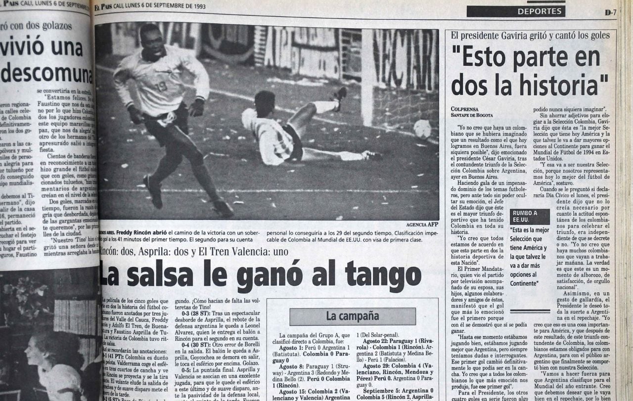 Recortes de la prensa deportiva sobre el partido que Colombia venció 5-0 a Argentina, 5 de septiembre de 1993.