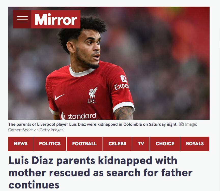 El diario 'The Mirror' divulga la noticia del secuestro a papás de Luis Díaz