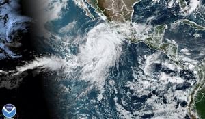 Esta imagen de satélite tomada a las 10:50 a. m. EDT del jueves 17 de agosto de 2023 y proporcionada por la Administración Nacional Oceánica y Atmosférica (NOAA) muestra al huracán Hilary frente a la costa del Pacífico de México. (NOAA vía AP)