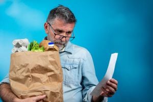Hombre maduro sorprendido mirando el recibo de la tienda después de comprar, sosteniendo una bolsa de papel con comida saludable. Expresión de personas reales. Concepto de inflación. El hombre con una bolsa de papel con comestibles parece sorprendido.
