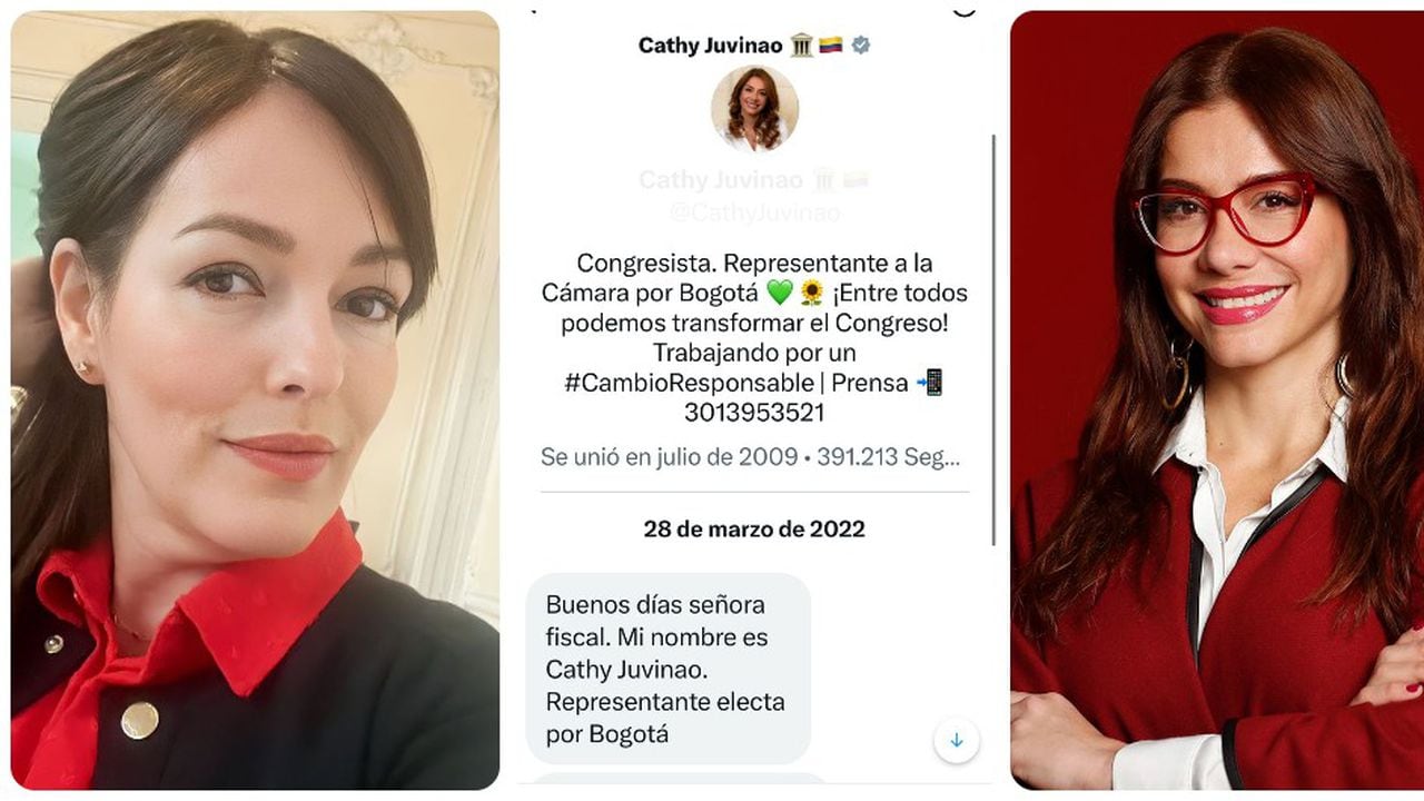 La fiscal Angélica Monsalve, Catherine Juvinao y el chat donde la congresista le escribió por primera vez en Twitter.