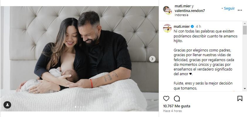 Matías Mier  y Valentina Rendón publicaron las primeras imágenes de su bebé recién nacido.