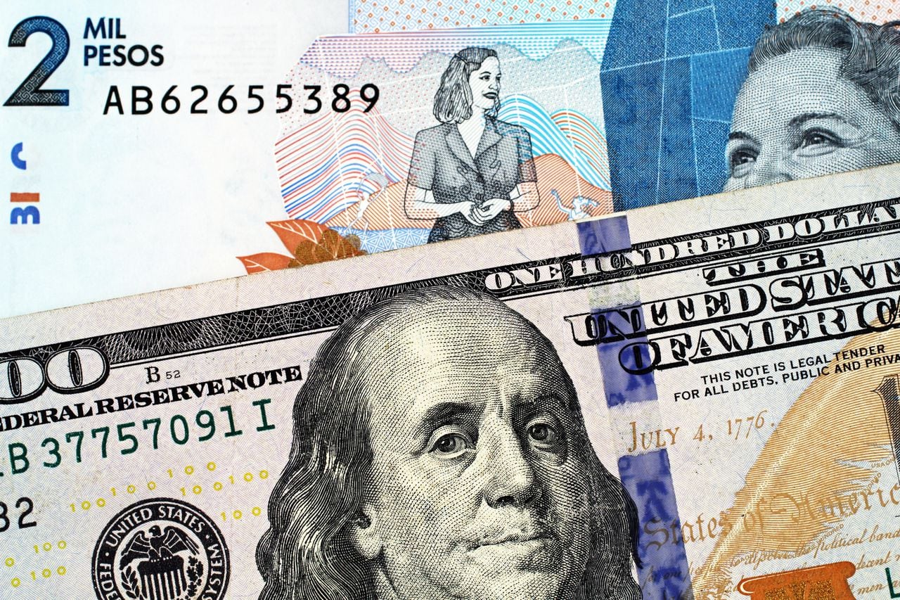 A macro image of a blue, two thousand Colombian peso bank note with a blue, crisp American one hundred dollar bill close up