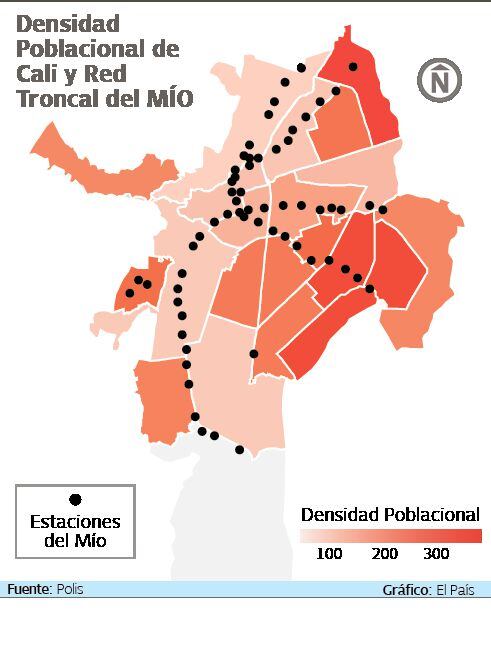 Un tercio de la población está en el oriente, donde se encuentran menos estaciones comparadas con la red de la Calle 5. | Mapa de El País con datos de Polis