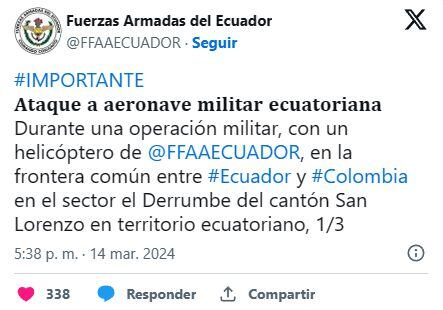 Este fue el mensaje que en su momento compartieron las Fuerzas Armadas de Ecuador sobre el hecho.