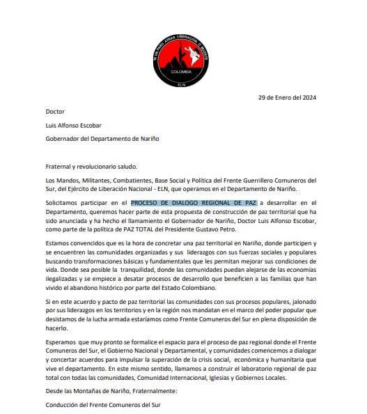 Esta es la carta firmada por el  Frente Comuneros del Sur dirigida por el Gobernador de Nariño.