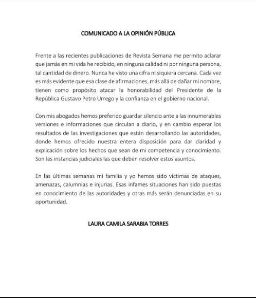 Este es el comunicado que publicó Laura Sarabia