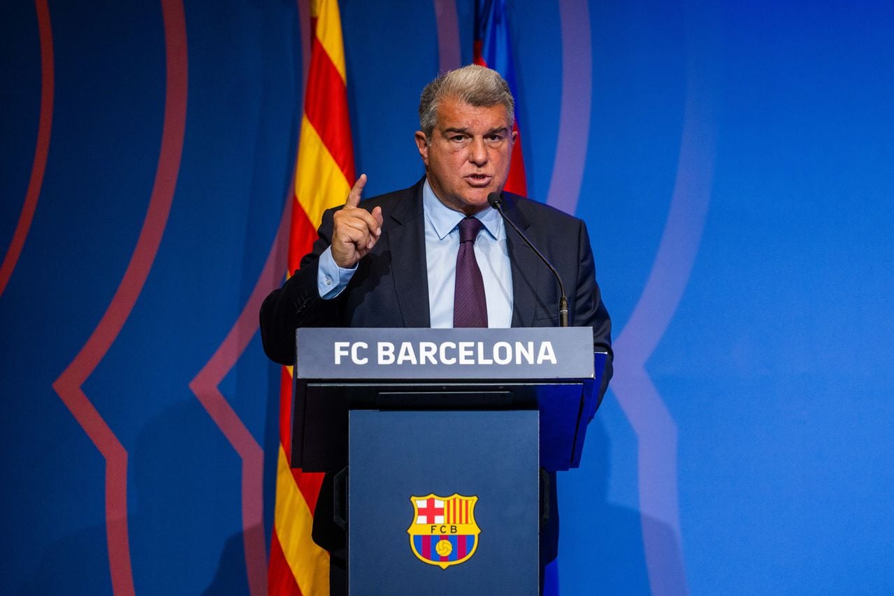 ARCELONA, SPAIN - APRIL 17: Joan Laporta, President of FC Barcelona, attends a press conference about Negreira Case at Spotify Camp Nou stadium on april 17, 2023, in Barcelona, Spain. (Photo by Marc Graupera Alomá / AFP7 via Getty Images)