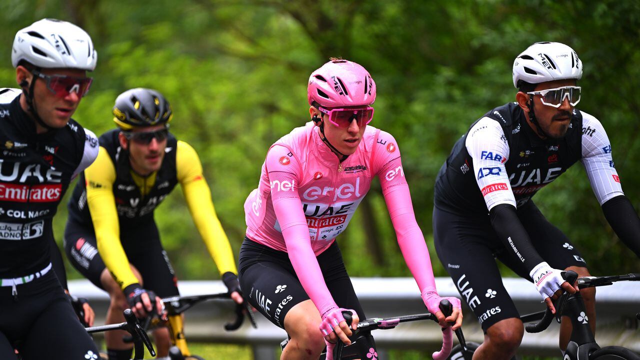 ANDORA, ITALY - MAY 07: (L-R) Tadej Pogacar of Slovenia - Pink Leader Jersey and Juan Sebastian Molano of Colombia and UAE Team Emirates during the 107th Giro d'Italia 2024, Stage 4 a 190km stage from Acqui Terme to Andora / #UCIWT / on May 07, 2024 in Andora, Italy. (Photo by Tim de Waele/Getty Images)