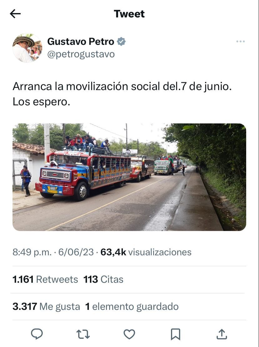 Tweet de Gustavo Petro sobre marchas a favor de las reformas del gobierno.