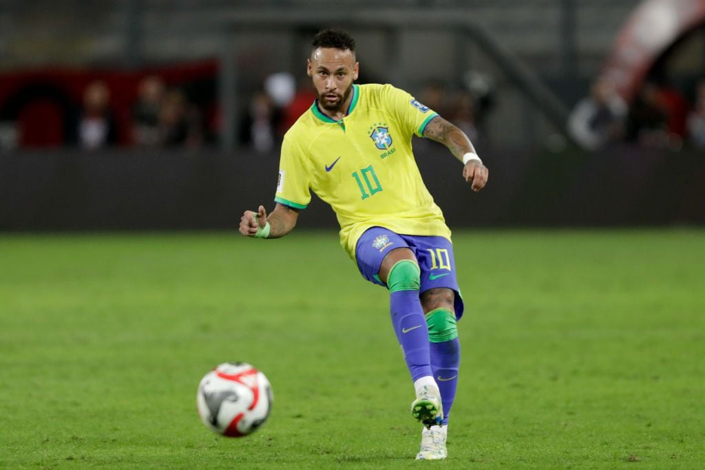 LIMA, PERU - SEPTEMBER 12: Neymar Jr. of Brazil kicks the ball during a FIFA World Cup 2026 Qualifier match between Peru and Brazil at Estadio Nacional de Lima on September 12, 2023 in Lima, Peru. (Photo by Mariana Bazo/Getty Images)